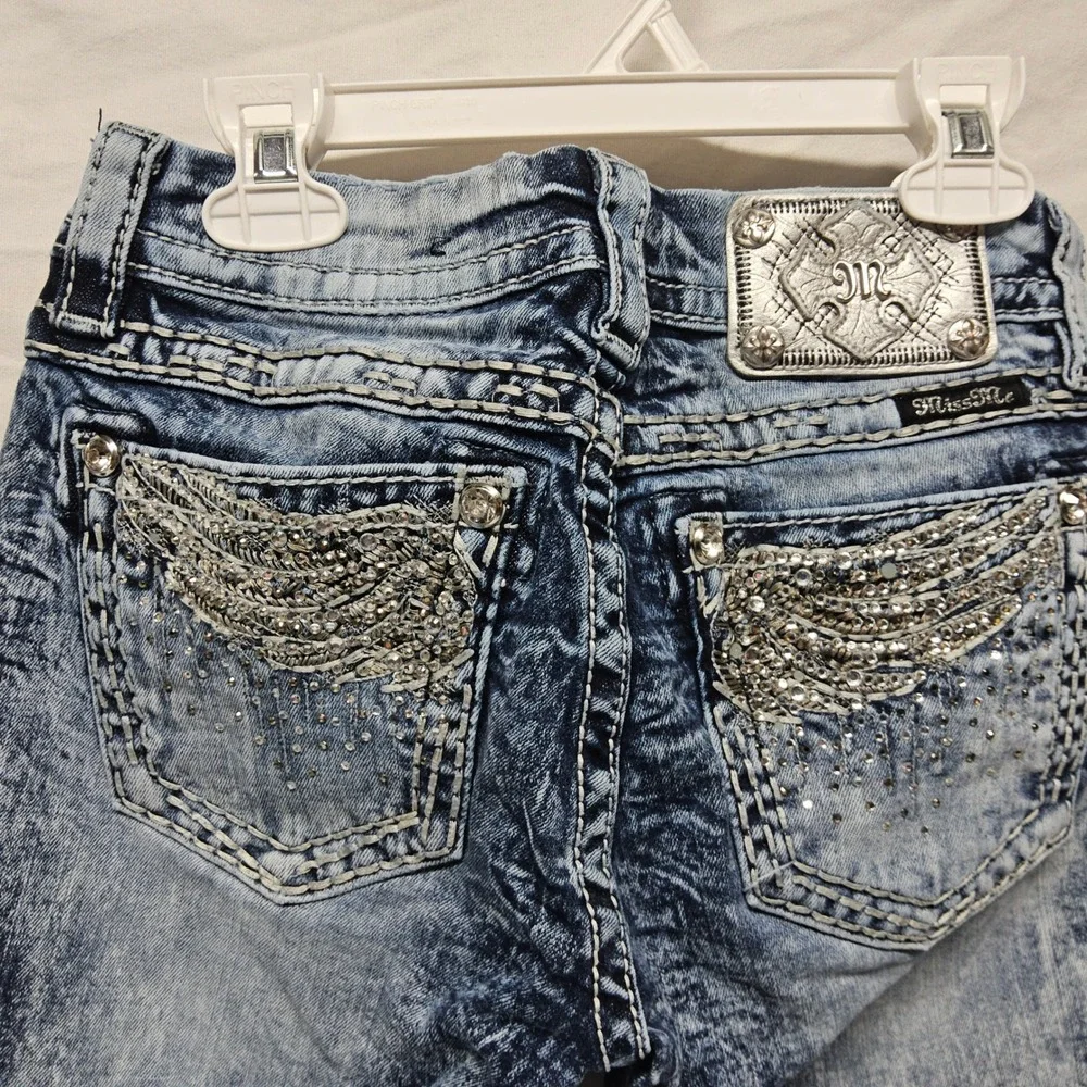 Miss Me Signature Boot Jeans Womens 26 Blue Acid Wash Embellished Low Rise 31x26